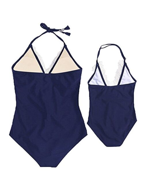 Mother Girl Swimwear Mommy and Me Swimsuit Halter Lace Deep V Neck Bathing Suit Mom and Daughters Swimwear Monikini