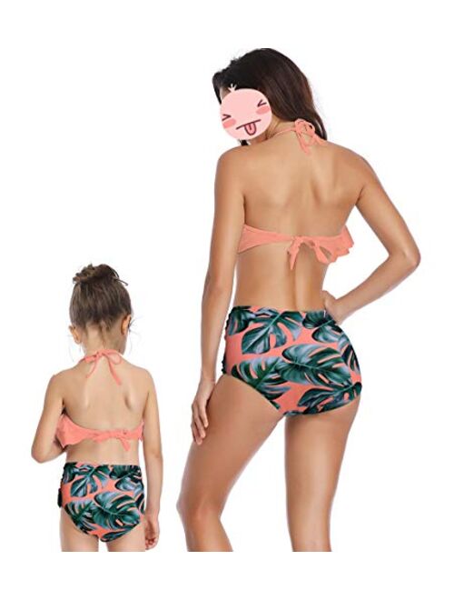 AmzBarley Mommy and Me Bathing Suit Girls Two Piece Swimsuit High Waisted Women Bikini Set Summer Swimwear