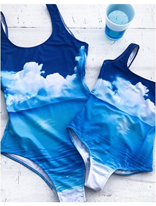 Mother Daughter One Piece Blue Sky Print Backless Swimsuit Family Matching Swimwear Beach Bathing Suit