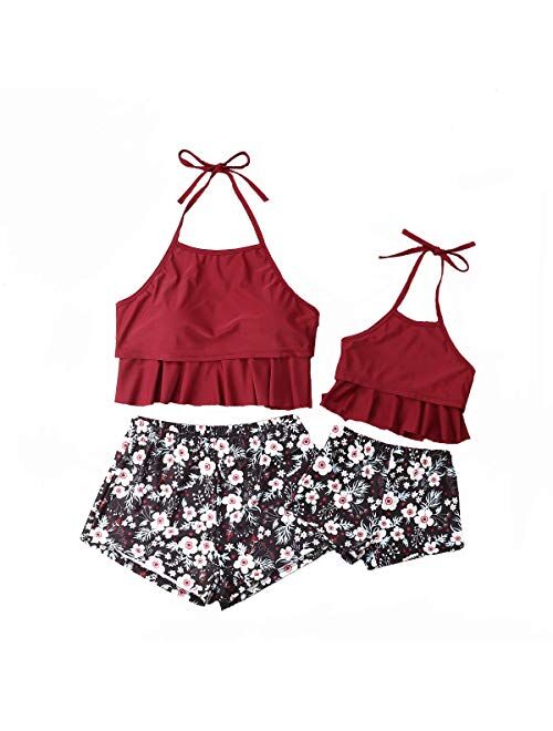 Parent- Child Swimwear Ruffle Floral Halter Swimsuit Set Family Matching Outfit