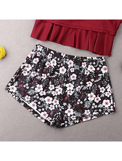 Parent- Child Swimwear Ruffle Floral Halter Swimsuit Set Family Matching Outfit