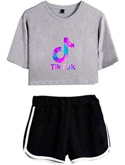 Womens TIK Tok Crop Top T-Shirt with Shorts 2pcs Set Tracksuit Sportswear Suit for Girls