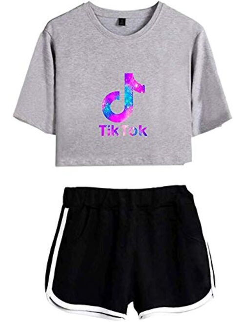 HONIEE Women’s TIK Tok Crop Top T-Shirt with Shorts 2pcs Set Tracksuit Sportswear Suit for Girls