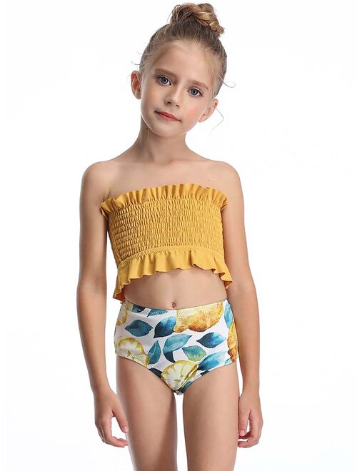 Family Matching Mother Daughter Pleated Beachwear Top+Leaves High Waist Swim Briefs Bottoms Two Pieces Swimwear Women Ladies Kids Girl Parent-child Swimming Costumes Bath