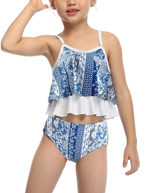 Avamo Two Piece Tankini Sets Family Matching Swimsuit Swimwear Women Kids Girl Mother Daughter Parent-Child Boho Floral Ruffle Beachwear Beachwear Bathing Suit Swimming C