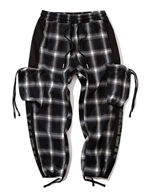 MOKEWEN Men's Womens Reflective Check Plaids Streetwear Techwear Jogger Cargo Pants with Pockets
