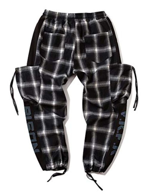 MOKEWEN Men's Womens Reflective Check Plaids Streetwear Techwear Jogger Cargo Pants with Pockets