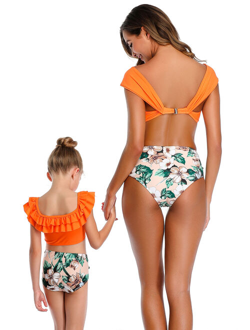 Family Matching Parent-Child Ruffled Beachwear Swimsuit Bikini Sets Top+High Waist Floral Swim Briefs Bottoms Mother Daughter Kids Girl 2Pcs Women Swimwear Backless Swimm