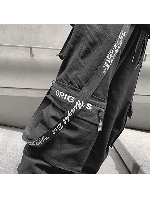 MOKEWEN Men's Womens Zipper Buckle Ribbon Straps Streetwear Jogger Cargo Ninth Pants with Pockets