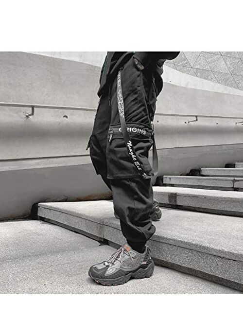 MOKEWEN Men's Womens Zipper Buckle Ribbon Straps Streetwear Jogger Cargo Ninth Pants with Pockets