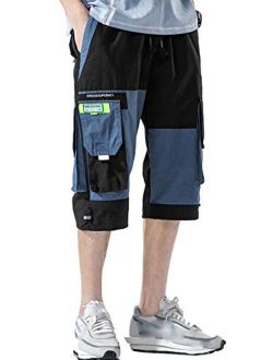 Men's Cargo Jogger Two Tone Elastic Waist Capri Pants Shorts with Multi Pocket