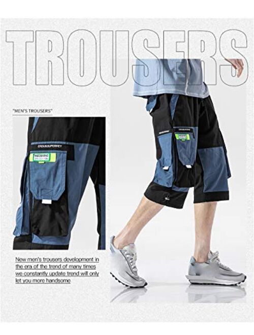 MOKEWEN Men's Cargo Jogger Two Tone Elastic Waist Capri Pants Shorts with Multi Pocket