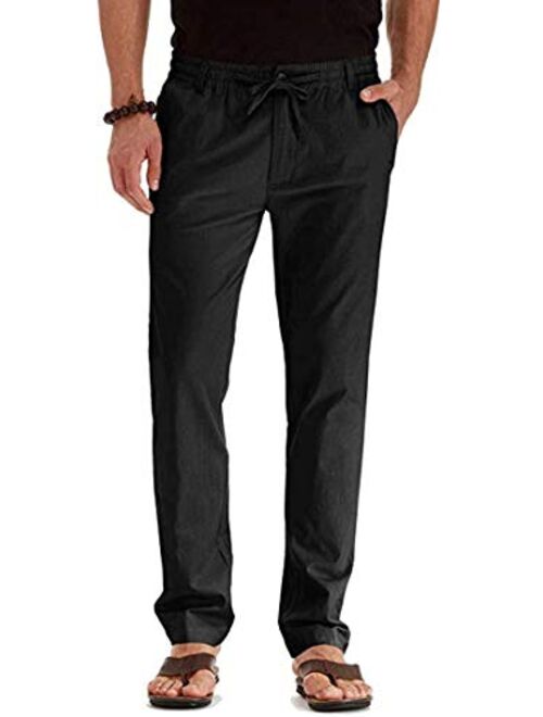 HONIEE Men’s Elastic Waist Linen Pants with Drawstring Cotton Trousers