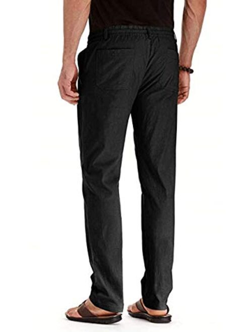 HONIEE Men’s Elastic Waist Linen Pants with Drawstring Cotton Trousers