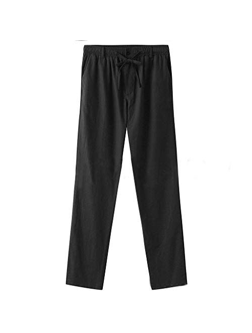 HONIEE Men’s Elastic Waist Linen Pants with Drawstring Cotton Trousers