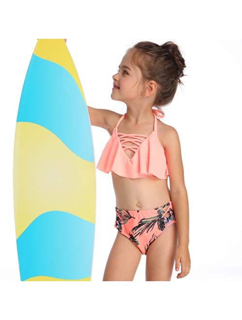 Mardonskey Girls One Piece Bathing Suit Hawaiian Ruffle Swimsuits Kids Beach Swimwear for Vacation 2-14 Years