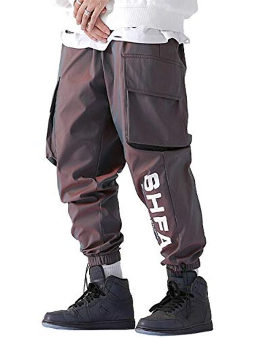 MOKEWEN Men's Reflective Punk Armour Techwear Cyberpunk Tactical Work Cargo Relaxed Fit Casual Pants with Pockets Wine Red