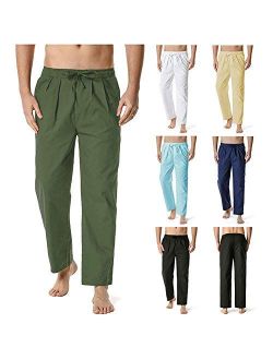 Mens Linen Pants Elastic Waist Drawstring Yoga Beach Trousers