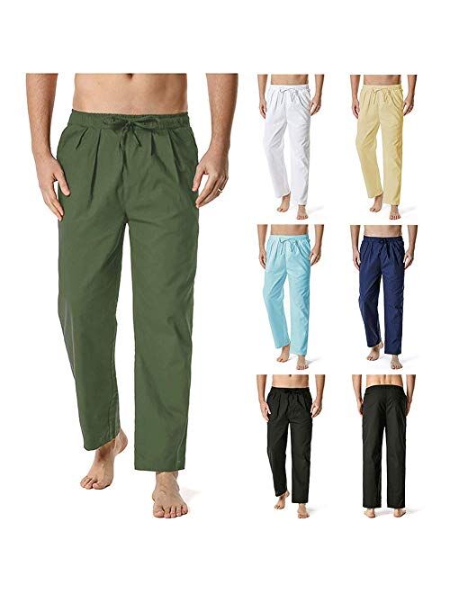 HONIEE Men’s Linen Pants Elastic Waist Drawstring Yoga Beach Trousers