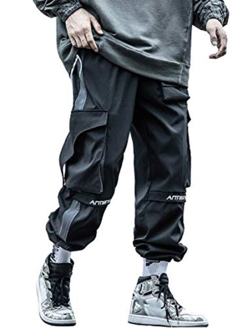 MOKEWEN Men's Punk Armour Techwear Cyberpunk Tactical Work Cargo Relaxed Fit Casual Pants with Pockets