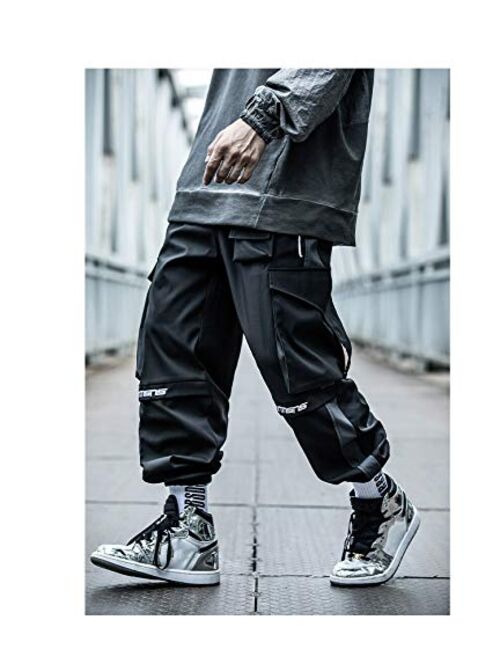 MOKEWEN Men's Punk Armour Techwear Cyberpunk Tactical Work Cargo Relaxed Fit Casual Pants with Pockets