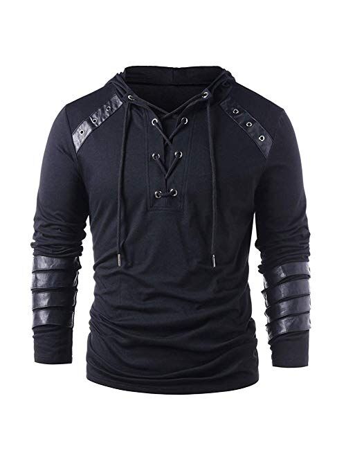 HONIEE Men's Gothic Shirts Sweatshirt Lace Up Long Sleeve Pullover Hooded