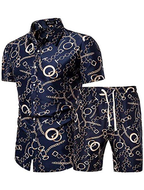 HONIEE Men's Floral 2 Piece Tracksuit Casual Button Down Short Sleeve Hawaiian Shirt and Suits