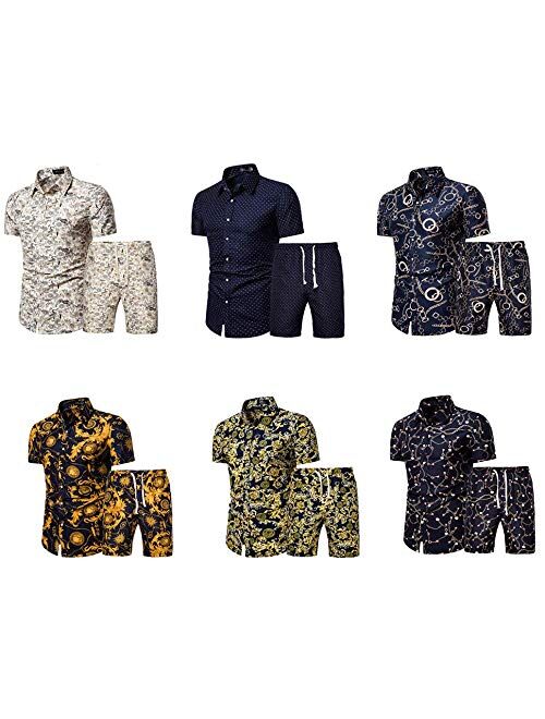 HONIEE Men's Floral 2 Piece Tracksuit Casual Button Down Short Sleeve Hawaiian Shirt and Suits
