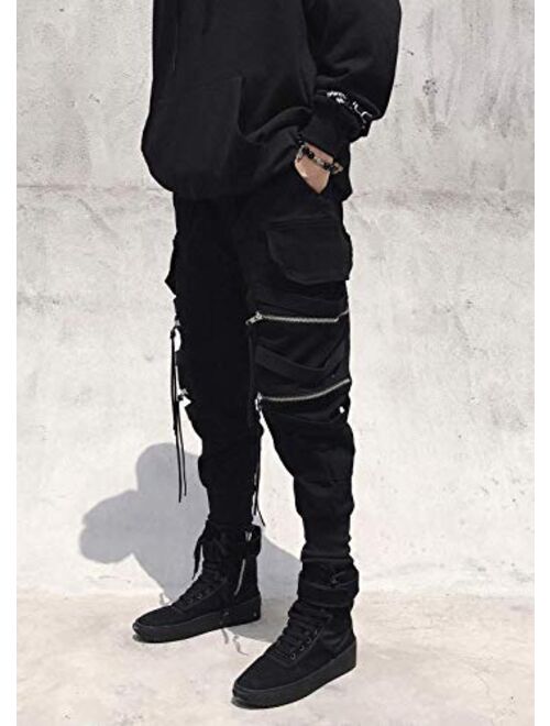 HONIEE Solid Hiphop Cargo Pants Techwear with Zipper Stripes