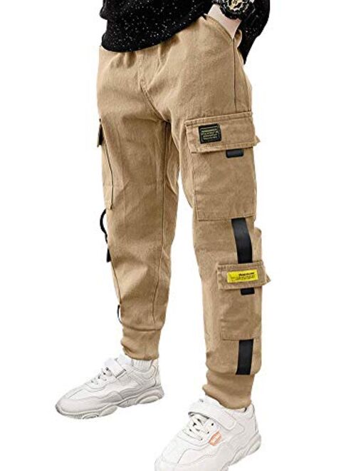 HONIEE Boy's Pull On Slim Fit Twill Cargo Jogger Pants with Multi-Pockets