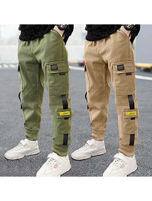 HONIEE Boy's Pull On Slim Fit Twill Cargo Jogger Pants with Multi-Pockets