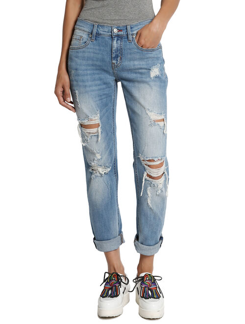 TheMogan Women's Distressed Washed Denim Mid Rise Boyfriend Jeans Medium 15