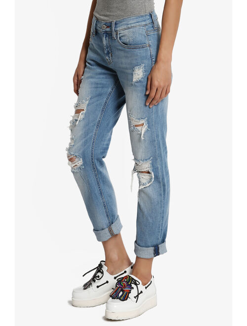 TheMogan Women's Distressed Washed Denim Mid Rise Boyfriend Jeans Medium 15