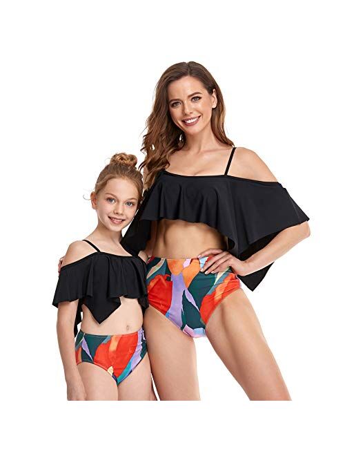 Mother and Daughter Swimsuit 2Pcs Family Matching Women Swimwear Set Summer Beach Bikini High Waist Bathing Suit