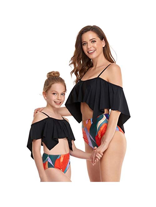 Mother and Daughter Swimsuit 2Pcs Family Matching Women Swimwear Set Summer Beach Bikini High Waist Bathing Suit