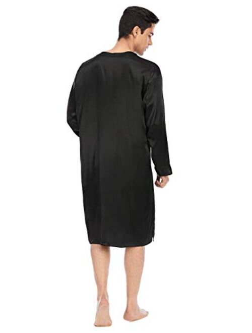 HONIEE Men’s Nightshirt Ice Silk Nightwear Comfy V Neck Long Sleeve Soft Loose Pajama Sleep Shirt