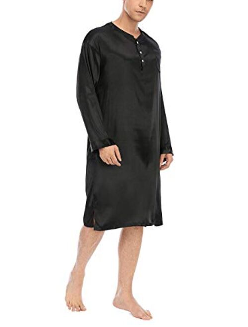 HONIEE Men’s Nightshirt Ice Silk Nightwear Comfy V Neck Long Sleeve Soft Loose Pajama Sleep Shirt