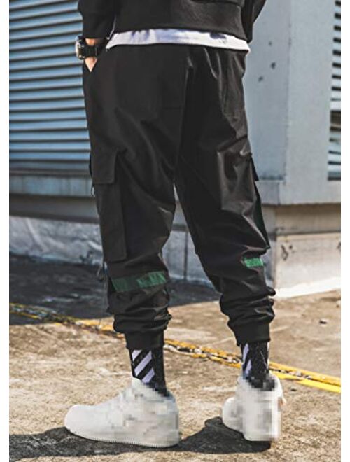 MOKEWEN Men's Straps Elastic Waist Ankle Band Jogger Techwear Pants with 3D Pocket