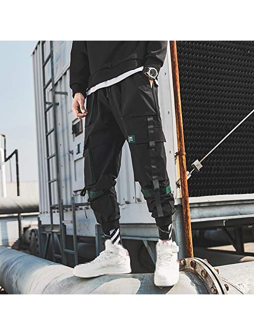 MOKEWEN Men's Straps Elastic Waist Ankle Band Jogger Techwear Pants with 3D Pocket