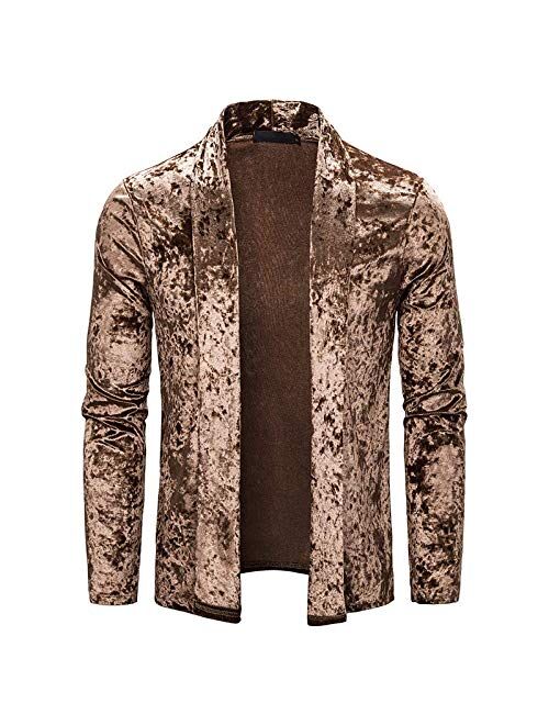 HONIEE Mens Gold Velvet Trench Coat Cardigan Ruffle Shawl Collar Cardigan Jacket Tops