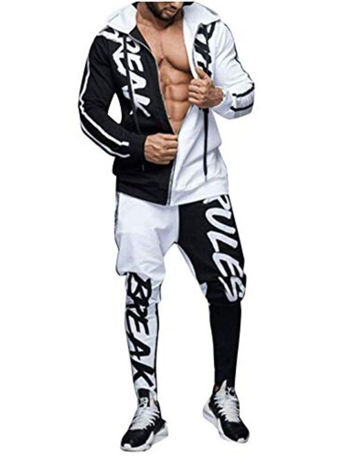 HONIEE Mens 2 Piece Color Block Hoodie Tracksuit Sets Casual Hoodied Jogging Suits for Men