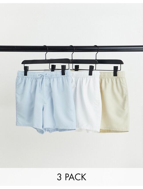 ASOS DESIGN 3 pack swim shorts in blue white and beige short length save