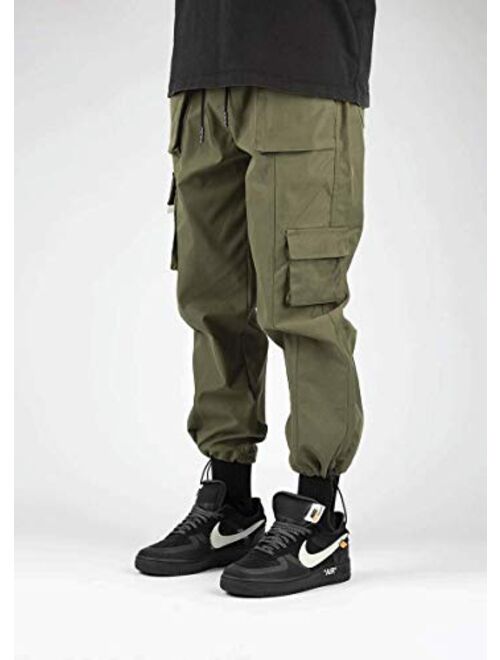 HONIEE Men’s Casual Loose Cargo Pants with Multi-Pockets Elastic Bottom