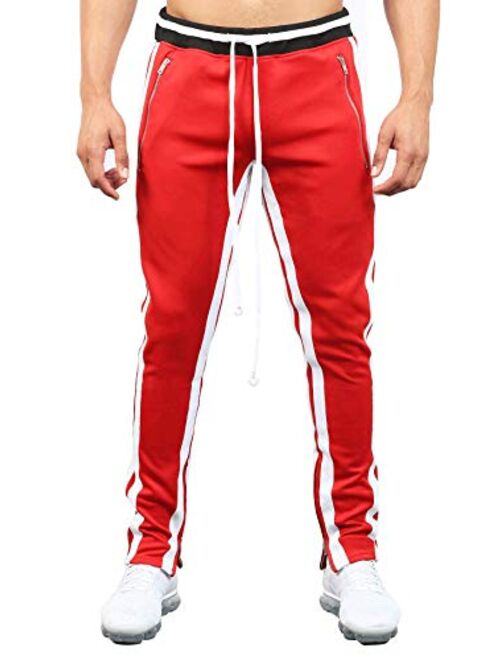 HONIEE Mens Hip Hop Premium Slim Fit Track Pants - Zipper Pockets Athletic Jogger Bottom with Side Taping
