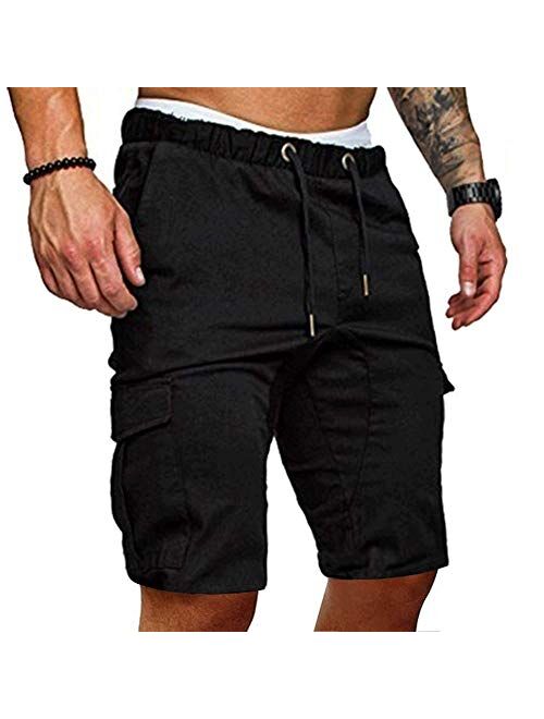 HONIEE Mens Cargo Shorts Elastic Waist Linen Casual Shorts for Men Big Tall
