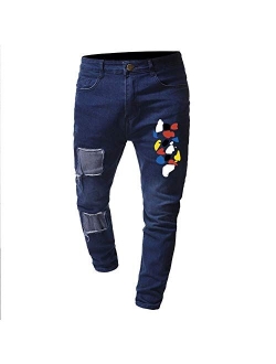 Men's Ripped Jeans Zippered Slim Fit Skinny Stretch Jeans Pants Zipper