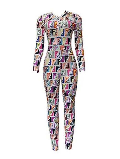 HONIEE Women's Deep V-Neck Long Jumpsuit Long Sleeve One Piece Bodysuit Sexy Bodycon Pajama Printed Romper Overall