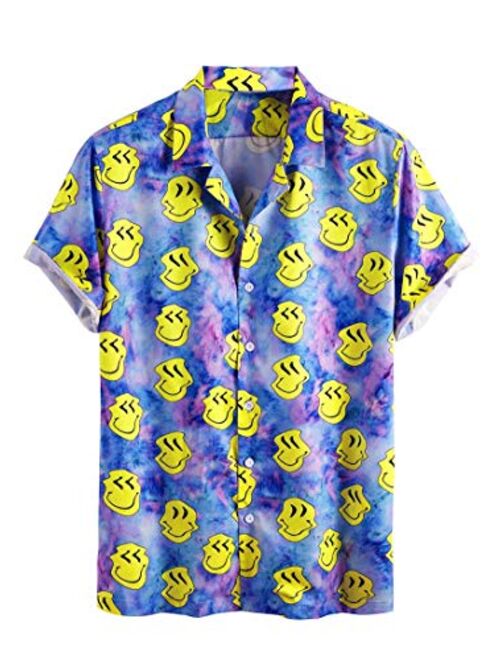 HONIEE Men's Leopard Multi-Color Flower Print Casual Button Down Short Sleeve Hawaiian Shirt
