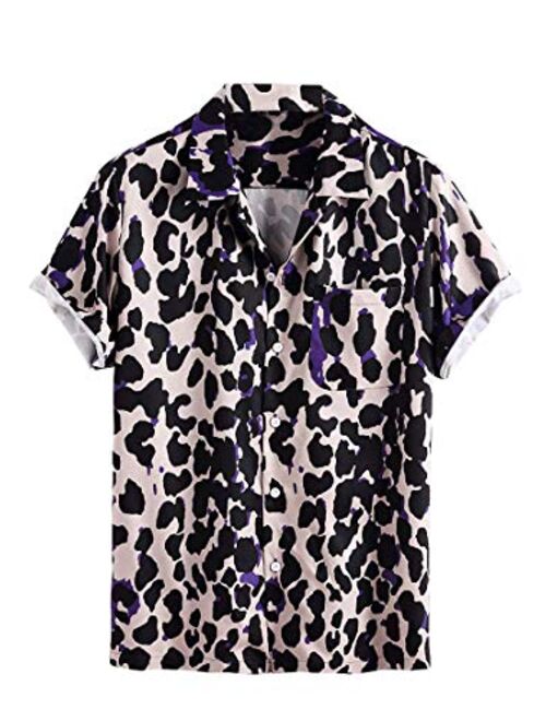 HONIEE Men's Leopard Multi-Color Flower Print Casual Button Down Short Sleeve Hawaiian Shirt