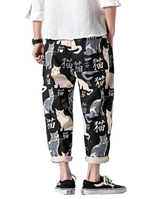 HONIEE Men's Printed Linen Cotton Loose Fit Casual Lightweight Elastic Waist Summer Pants